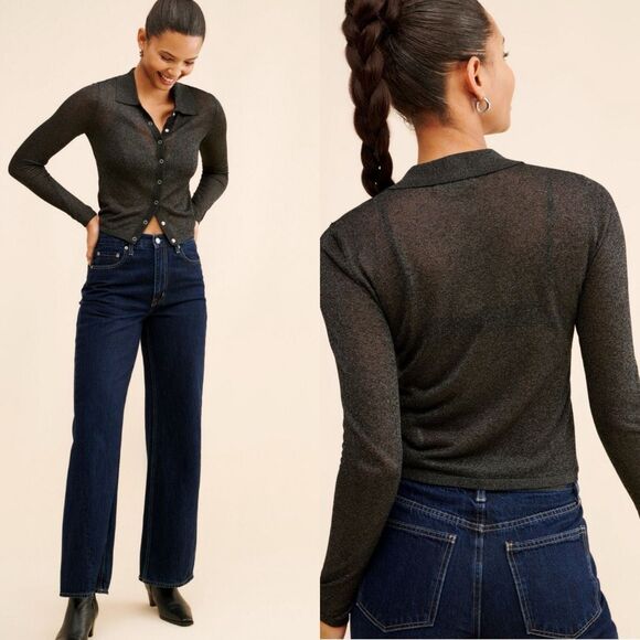 Rolla’s Caroline Lurex Knit Button Top Black | Medium | Free People - Picture 2 of 12